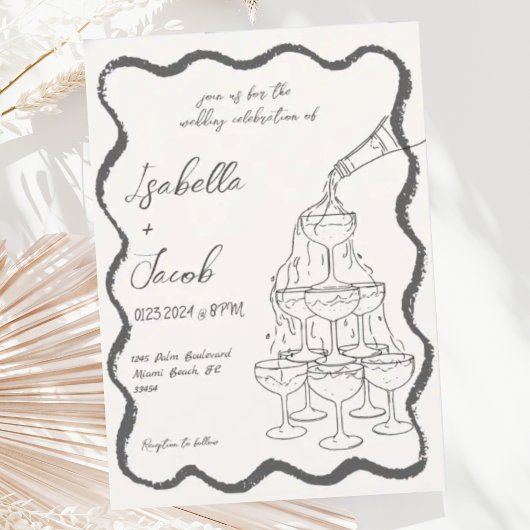 Retro Champagne Tower Wavy Hand Drawn Wedding Einladung