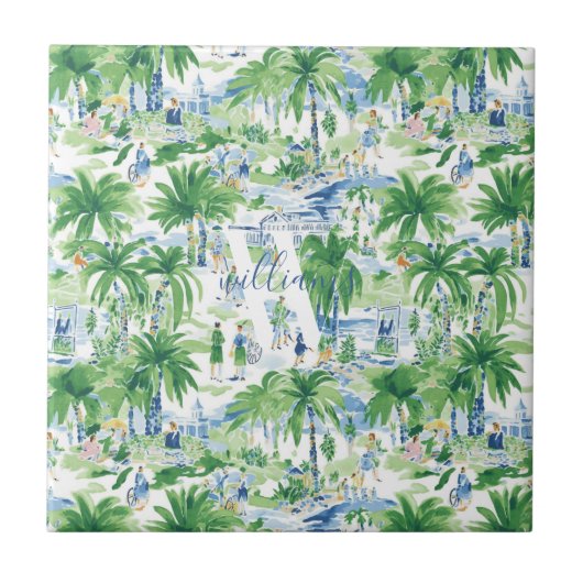 Retro Charleston Summer Pattern | Monogramm Fliese (Vorderseite)