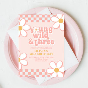 Retro-Check Young Wild Three Pink Gänseblümchen Einladung