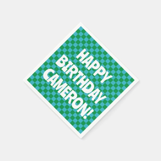 Retro Checkerboard Blue Green Custom Geburtsname Serviette (Ecke)
