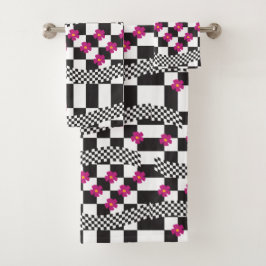 Retro-Checkerboard-Design mit Blume Badhandtuch Set