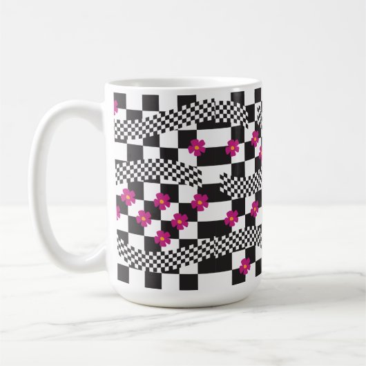 Retro-Checkerboard-Design mit Blume Kaffeetasse (Links)