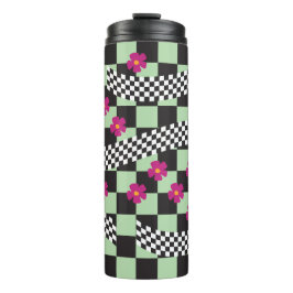 Retro-Checkerboard-Design mit Blume Thermosbecher