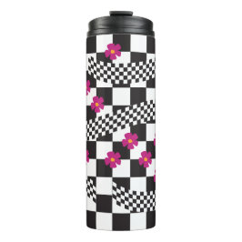 Retro-Checkerboard-Design mit Blume Thermosbecher