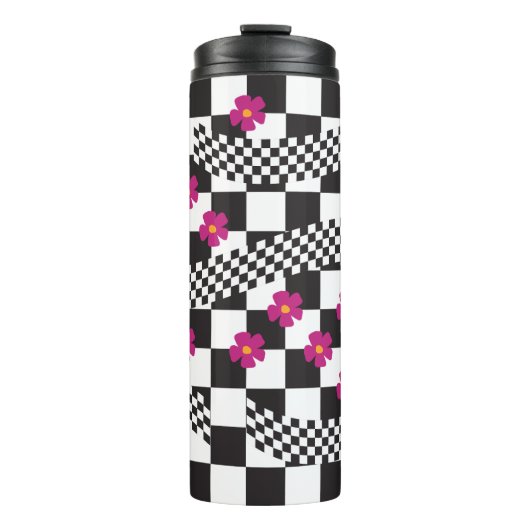 Retro-Checkerboard-Design mit Blume Thermosbecher (Vorderseite)