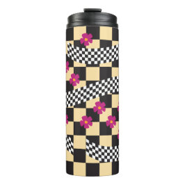 Retro-Checkerboard-Design mit Blume Thermosbecher