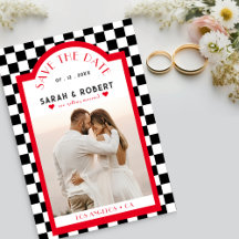 Retro Checkerboard Foto Red Black & White Wedding