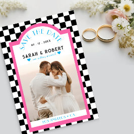 Retro Checkerboard Foto Rosa & Blau Hochzeit Save The Date