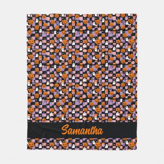 Retro Checkerboard Halloween Geister und Pumpkins Fleecedecke (Vorderseite)