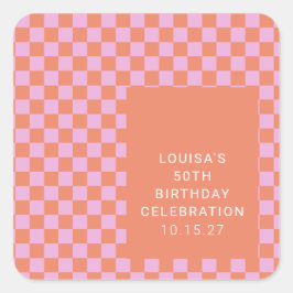 Retro Checkerboard Rosa Orange Custom Geburtstag Quadratischer Aufkleber
