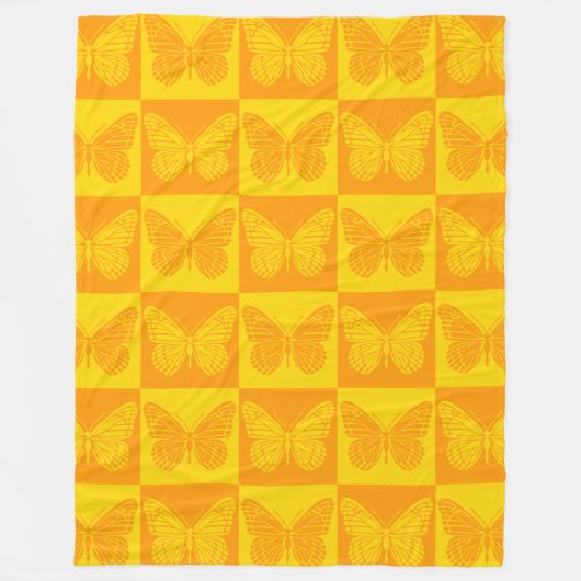 Retro Checkerboard Schmetterling Muster Gelb Orang Fleecedecke (Vorderseite)