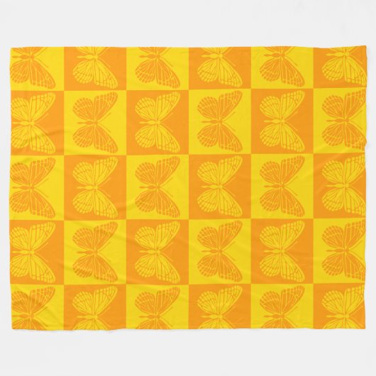 Retro Checkerboard Schmetterling Muster Gelb Orang Fleecedecke (Vorderseite (Horizontal))