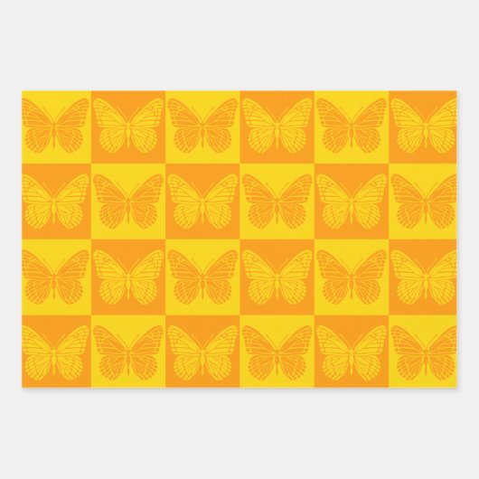 Retro Checkerboard Schmetterling Muster Gelb Orang Geschenkpapier Set (Vorderseite 3)