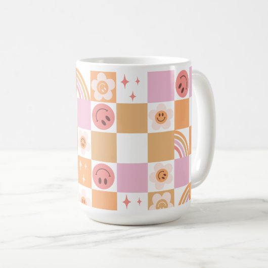 Retro Checkerboard Smile Face 60er Muster Tasse (VorderseiteRechts)