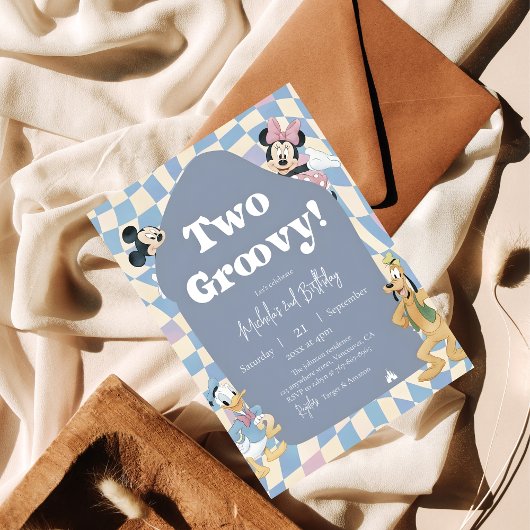 Retro checkerboard "Two Groovy" 2nd birthday Einladung