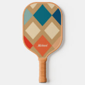 Retro Checkered Beige Blue Orange Monogram Pickleball Schläger (Vorderseite)