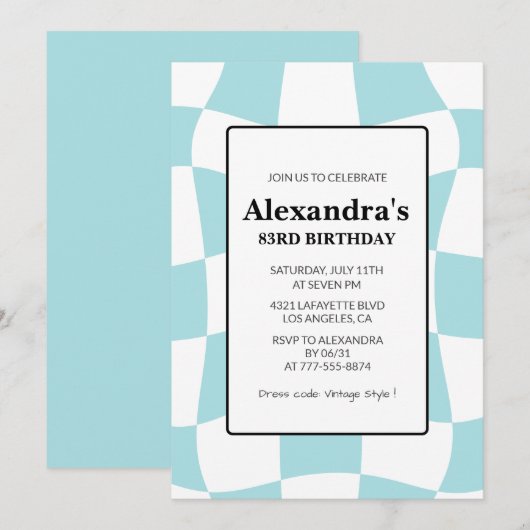 Retro Checkered Blue 83. Geburtstag Einladung (Vorne/Hinten)