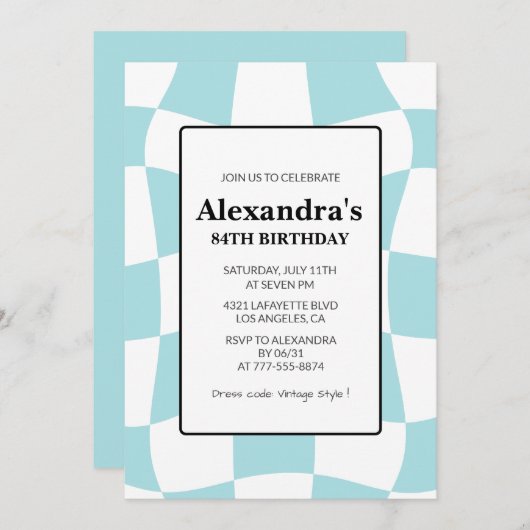 Retro Checkered Blue 84. Geburtstag Einladung (Vorne/Hinten)