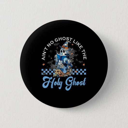 Retro Checkered Floral Denim Ghost Black Cat Witch Button (Vorderseite)