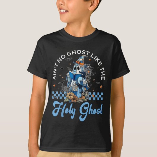 Retro Checkered Floral Denim Ghost Black Cat Witch T-Shirt (Vorderseite)
