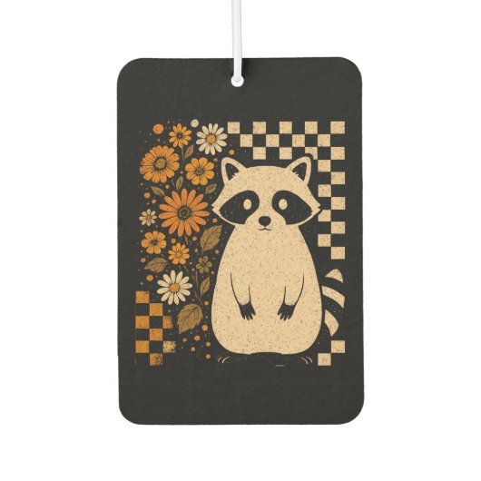 Retro Checkered Halloween Raccoon Autolufterfrischer (Vorderseite)