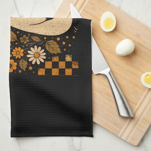 Retro Checkered Halloween Raccoon Geschirrtuch (Viertel Falte)