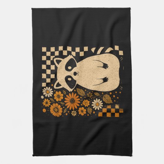 Retro Checkered Halloween Raccoon Geschirrtuch (Vertikal)