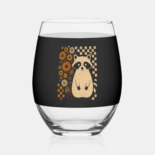 Retro Checkered Halloween Raccoon Weinglas Ohne Stiel (Vorderseite)