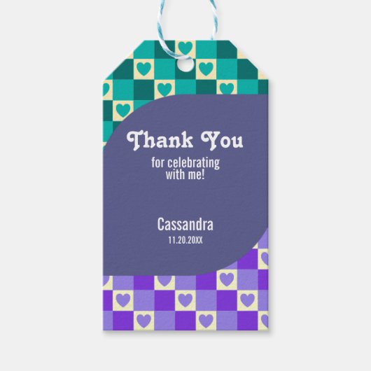 Retro Checkered Heart Bauhaus Aquamarin Blue Gebur Geschenkanhänger (Vorderseite)