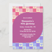 Retro Checkered Heart Bauhaus Lila Blue Geburtstag Einladung (Vorderseite)