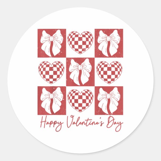Retro Checkered Heart Coquette Bow Happy Valentine Runder Aufkleber (Vorderseite)