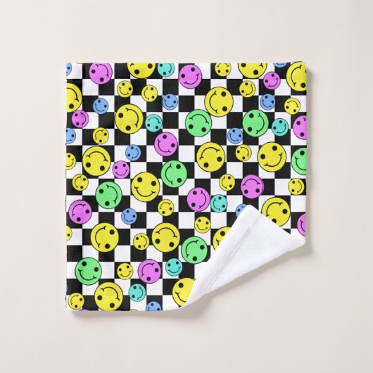 Retro Checkered Lächeln Gesichter Badhandtuch Set (Waschlappen)