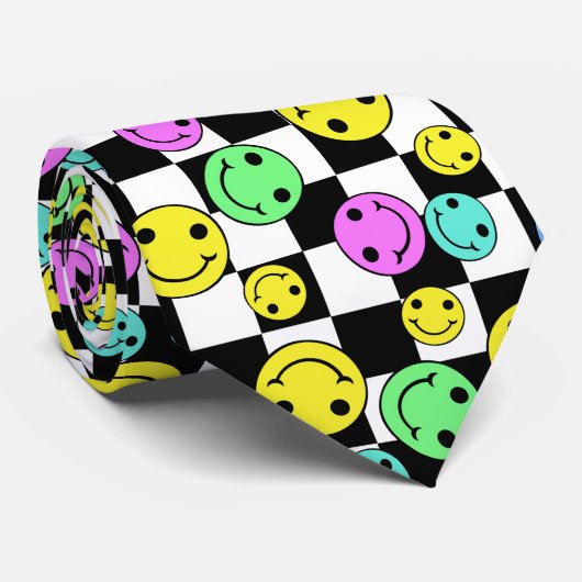 Retro Checkered Lächeln Gesichter Krawatte (Gerollt)