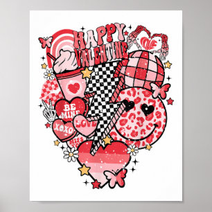 Retro Checkered Lightning Bolt Happy Valentine Wom Poster