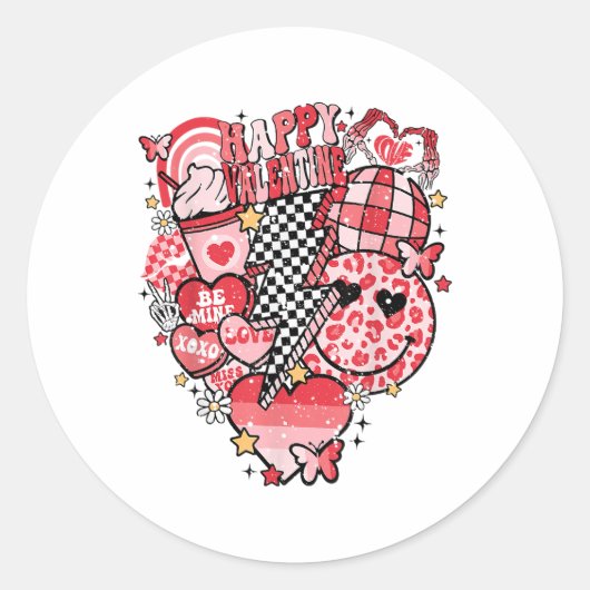 Retro Checkered Lightning Bolt Happy Valentine Wom Runder Aufkleber (Vorderseite)