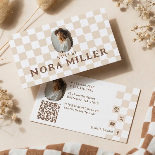 Retro Checkered Pattern Nail Beauty Artist Photo Visitenkarte