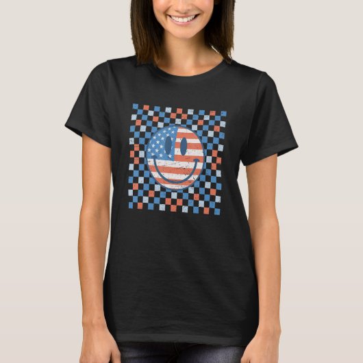 Retro Checkered Pattern Smile Face American Flag M T-Shirt (Vorderseite)