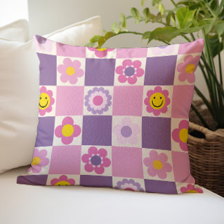 Retro Checkered Schachbrett Y2K Blumenmuster Kissen
