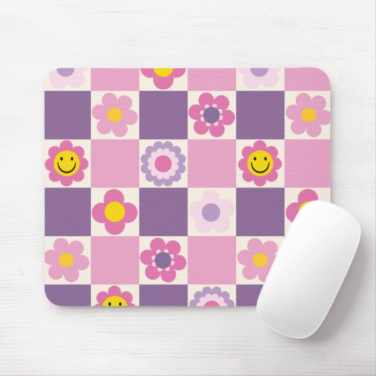 Retro Checkered Schachbrett Y2K Blumenmuster Mousepad (Mit Mouse)