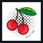 Retro Cherries Comic Book Food Pop Art Poster<br><div class="desc">Funky Retro Popart Druck einer roten Kirschbilderschrift,  über einen Kreis von schwarzen Punkten der Hälfte. Bearbeiten von Textrahmen um die untere Ecke des Kunstwerks,  damit Sie sich mit Namen oder einer Nachricht anpassen können</div>