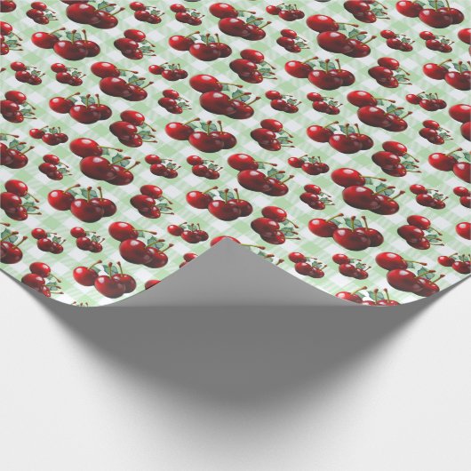 Retro Cherries fresh picked green gingham Geschenkpapier (Ecke)