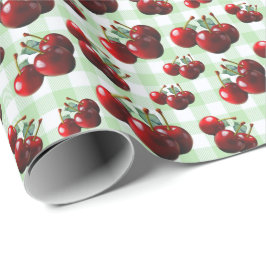 Retro Cherries fresh picked green gingham Geschenkpapier