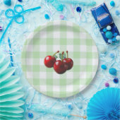 Retro Cherries fresh picked green gingham Pappteller (Party)