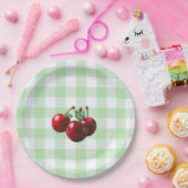 Retro Cherries fresh picked green gingham Pappteller (Party)