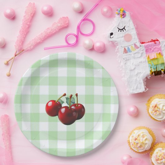 Retro Cherries fresh picked green gingham Pappteller (Party)