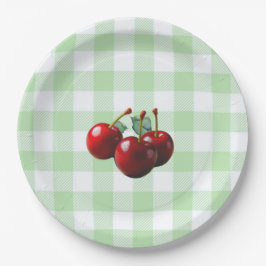 Retro Cherries fresh picked green gingham Pappteller