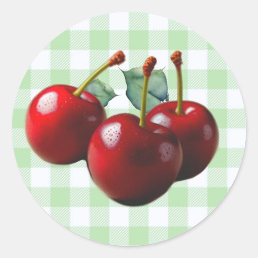 Retro Cherries fresh picked green gingham Runder Aufkleber (Vorderseite)
