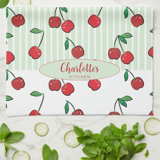 Retro Cherries Red White Green Modern Stripe  Geschirrtuch (Gefaltet)