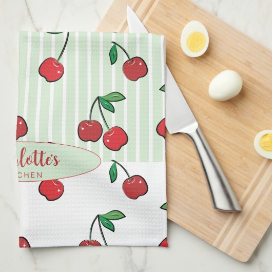 Retro Cherries Red White Green Modern Stripe  Geschirrtuch (Viertel Falte)