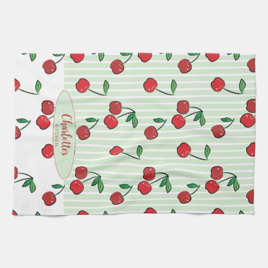 Retro Cherries Red White Green Modern Stripe  Geschirrtuch (Horizontal)